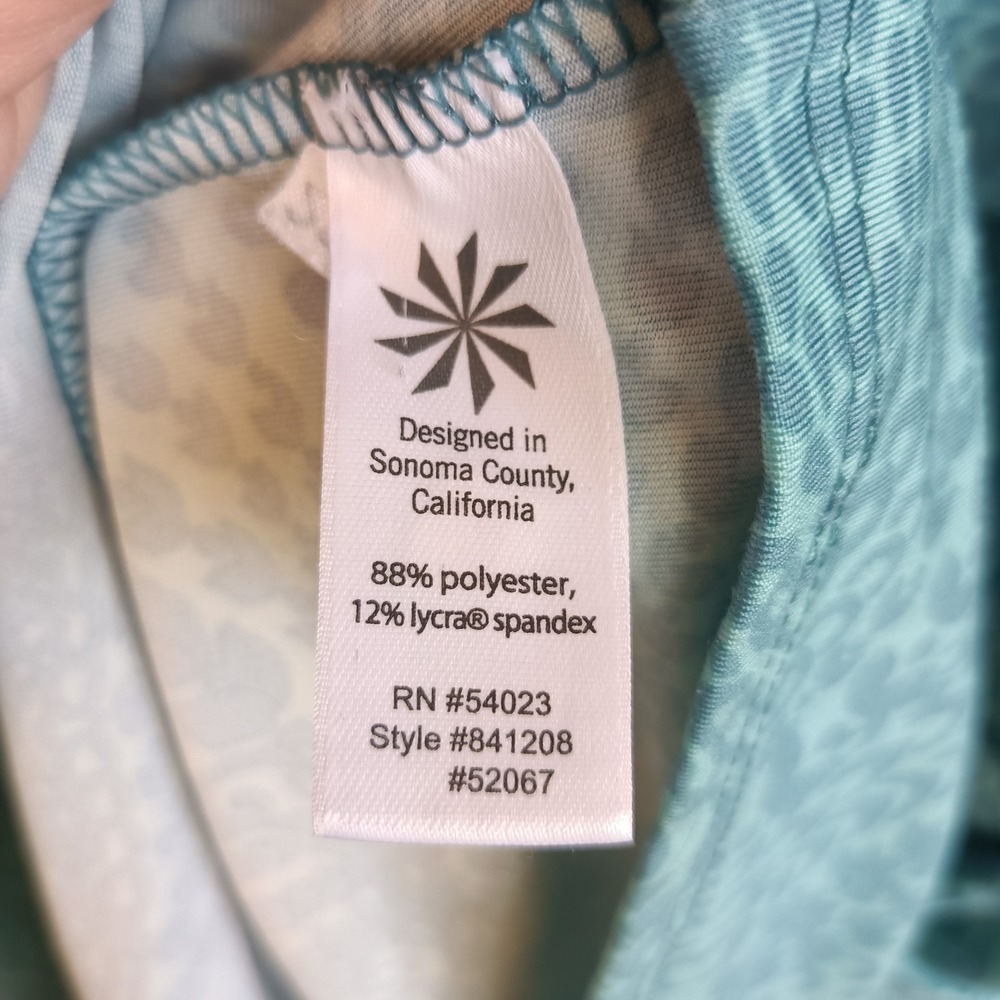 Athleta A-Line Dress Women's Teal/Yellow Print Faux Wrap Ruched Stretch Size L - Picture 5 of 5